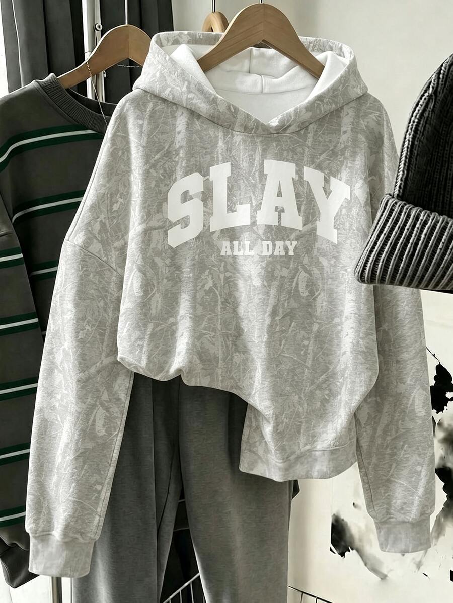 (1件) 秋冬青少年女孩休閒時尚極簡風 樹枝葉片字母 SLAY 圖案基礎連帽衛衣上衣 - 彩色 - 查看 1
