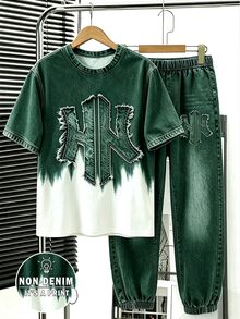 SHEIN 青少年男孩休閒舒適時尚簡約百搭復古感口號印花漸層拼色圓領T恤與慢跑褲套裝 - 軍綠色 - 查看 3