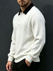 Manfinity Dauomo Men's Contrast Color Lapel Zipper Design Long Sleeve Business Casual T-Shirt - White - View 3
