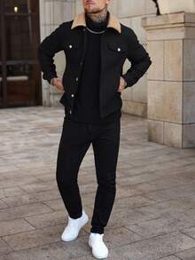 Manfinity Homme English:2026 Spring Summer Men's Black Wool‑Blend Trucker Jacket, Regular‑Fit Coat With Khaki Shearl - Black - View 5