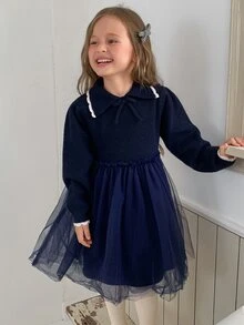 DAZY Girls' Turn Collar Knit Dress With Mesh Patchwork A-Line Waist, Cute Autumn/Winter Sweater Dress - Navy Blue - View 4