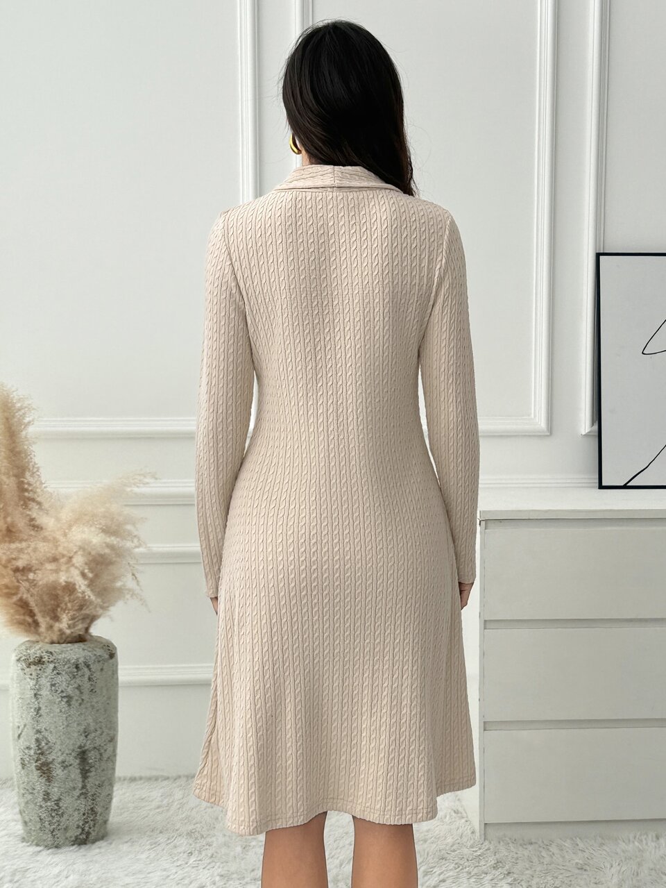 Women's Solid Color Textured Long Sleeve Elegant Dress