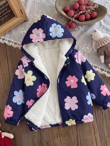 SHEIN 女嬰秋冬可愛粉色愛心圖案燈芯絨連帽保暖內裡夾克 - 彩色 - 查看 6