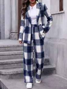 SHEIN 女款格紋長袖夾克與長褲休閒通勤套裝 - 彩色 - 查看 6