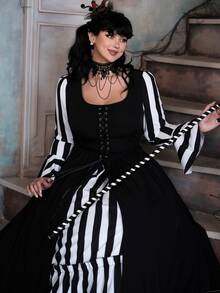 Lyrianda Dark Striped Colorblock Fashion Gothic Palace Style Halloween Plus Size Dress Fall - Black and White - View 1