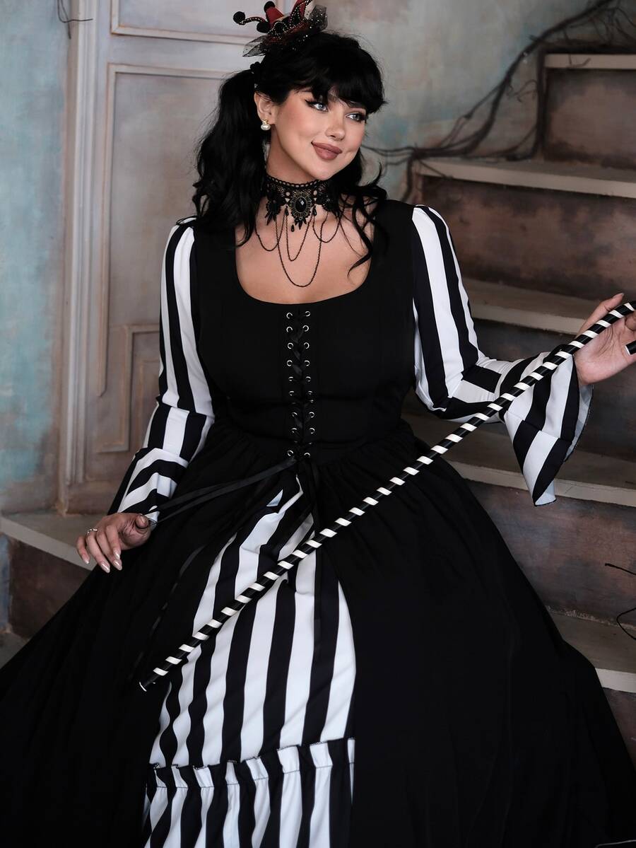 Lyrianda Dark Striped Colorblock Fashion Gothic Palace Style Halloween Plus Size Dress Fall - Black and White - View 1