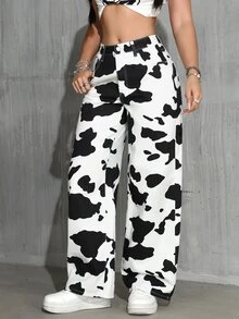 Jeanoix Petite Women's Cow Print Casual Versatile Daily Wear Denim Long Pants - Black and White - View 4