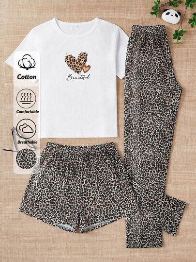 SHEIN Cotton Line Plus Size Women Solid Casual Heart Leopard Printed Round Neck Short Sleeve Top&Leopard Printes Shorts And Pants 3 Pieces Set