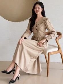 DAZY Women's Solid Color Double-Breasted Puff Long Sleeve Elegant Mid-Length Dress Fall - Apricot - View 8