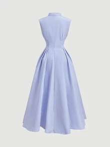 SHEIN MOD 藍白條紋襯衫洋裝，適合花園派對、辦公室、下午茶、早午餐、海灘，夏季沿海風法式熱帶優雅風 - 淺藍色 - 查看 2