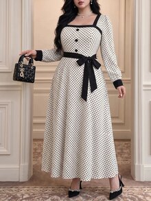 Vibekara New Elegant Fashion Minimalist Commuter Style Long Sleeve Square Neck Dress, Vacation Polka Dot Element Patchwork Contrast Color Dress With Belt Fall - Multicolor - View 1
