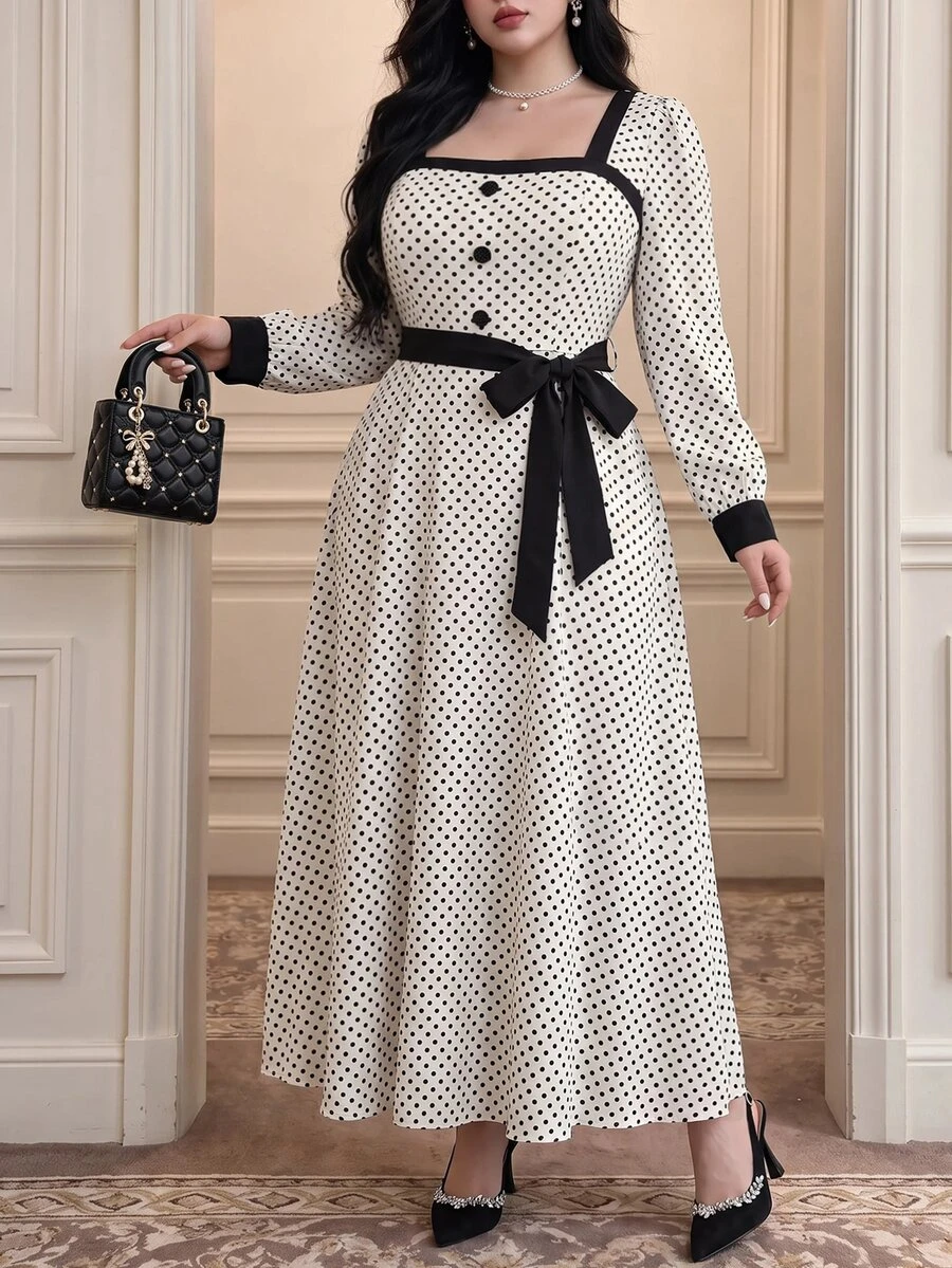 Vibekara New Elegant Fashion Minimalist Commuter Style Long Sleeve Square Neck Dress, Vacation Polka Dot Element Patchwork Contrast Color Dress With Belt Fall - Multicolor - View 1