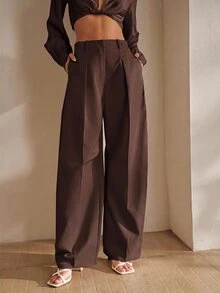 Anewsta Women's Summer Pleated High Waist Pocket Suit Pants Elegant Business Casual Commute Loose Wide Leg Pants - Coffee Brown - View 6