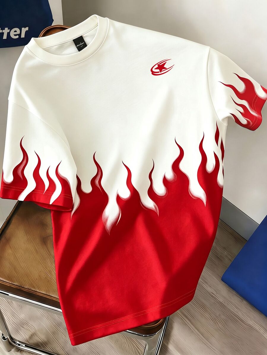 Manfinity Hypemode Men's Pentagram Flame Print Crew Neck Short Sleeve Casual T-Shirt - Red and White - View 1