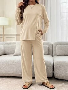 Slowluna Maternity Solid Color Long Sleeve T-Shirt And Pants Casual Nursing 2 Pieces Set Fall - Khaki - View 5