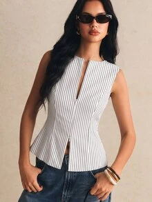 Poéselle 女款條紋前拉鍊休閒西裝背心 - 白色 - 查看 9