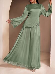 Veilorie Women's Lace Patchwork Long Sleeve Top And Skirt Casual 2 Pieces Set - Green - View 6