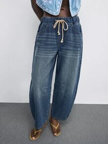 SHEIN ICON Plus Size Women's Drawstring Waist Pocket Casual Daily Travel Denim Jeans - Dark Wash - View 5
