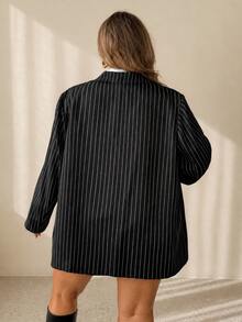SHEIN CURVE+ 大尺碼女款長袖休閒通勤條紋西裝外套 - 黑色 - 查看 5