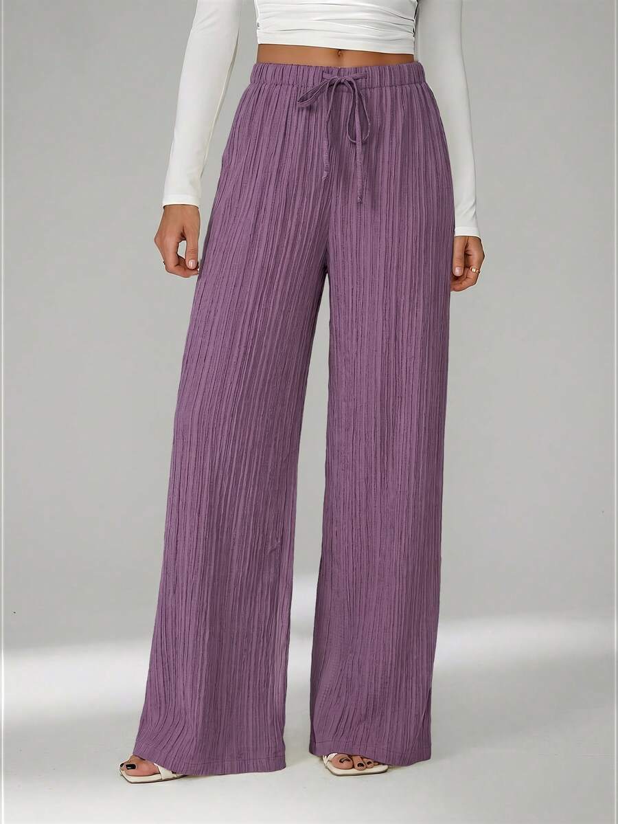 SHEIN Tall Loose Drawstring Waist Trousers In Textured Crinkle Fabric - Violet Purple - View 1