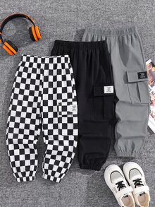 SHEIN 3件組男童寬鬆梭織長褲，秋冬款，夏季返校休閒口袋印花與素色圖案，舒適運動校園褲 - 彩色 - 查看 6