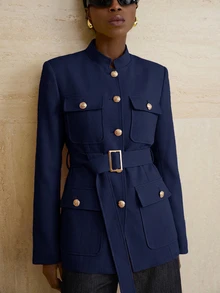 Aveloria Modichic Small Stand Collar Tweed Single-Breasted Metal Button Decor Belted Utility Jacket - Navy Blue - View 1