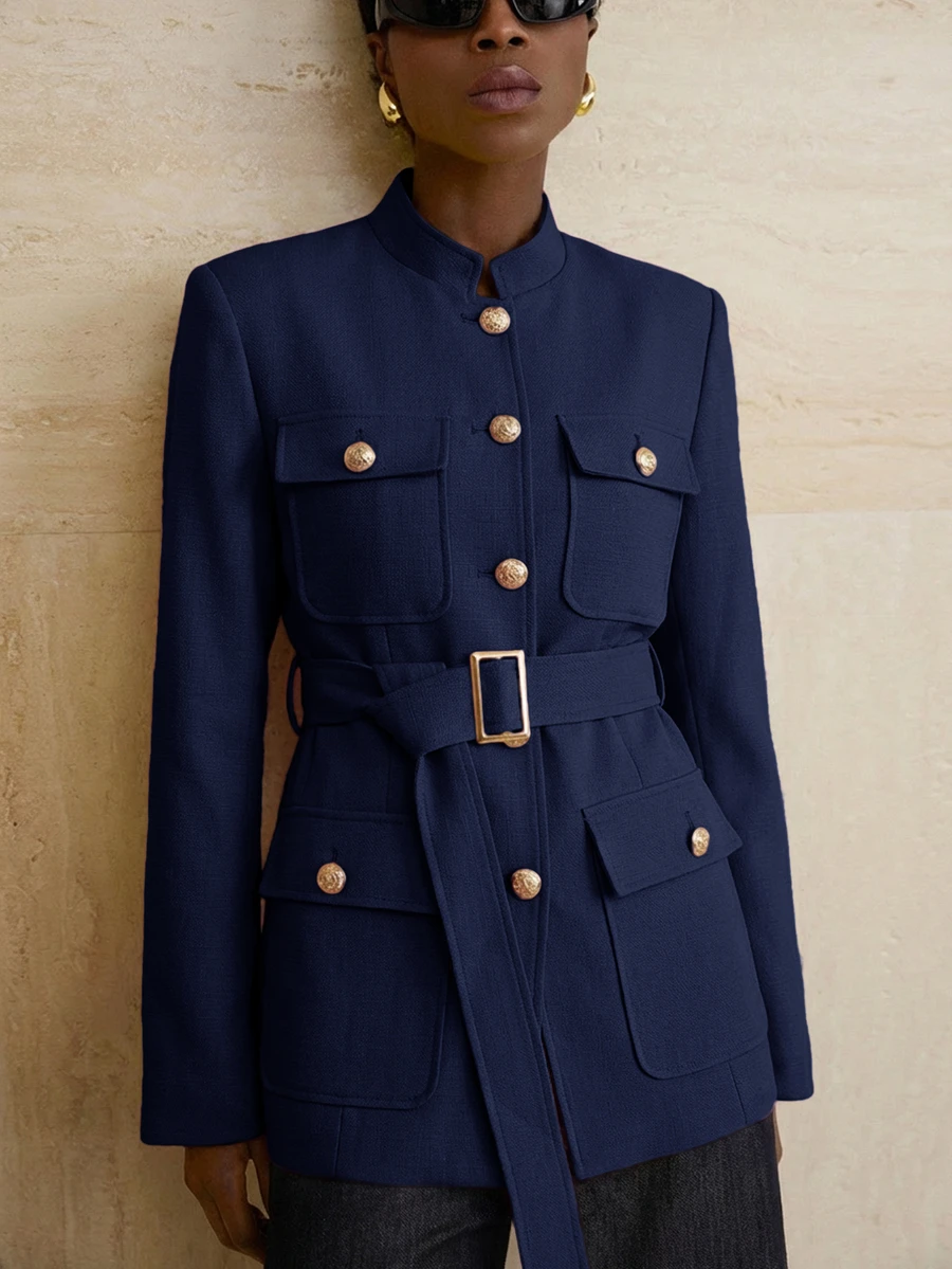 Aveloria Modichic Small Stand Collar Tweed Single-Breasted Metal Button Decor Belted Utility Jacket - Navy Blue - View 1