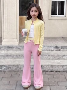SHEIN 青少年女孩休閒純色咖啡棕長袖上衣與喇叭褲兩件套，適合秋冬與日常穿著 - 彩色 - 查看 3