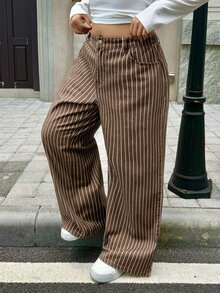 Flexra Plus Size Women's Striped Wide Leg Loose Casual 1960s Denim Jeans With Pockets Formal Vacation Brown Winter - Rust Brown - View 7
