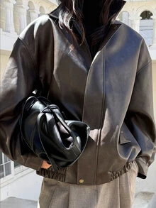 DAZY Women's Street Fashion Button Long Sleeve Pocket PU Material Jacket Fall - Brown - View 3