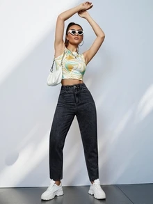 SHEIN PETITE Women's High Waist Pocket Casual Versatile Denim Long Pants - Black - View 5
