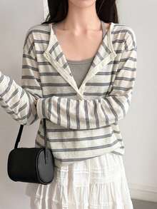 DAZY Women's Korean Style Minimalist Button Half-Placket Striped T-Shirt Fall - White - View 5