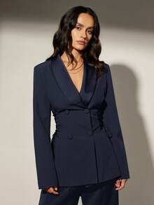 Aveloria Modichic 緞面拼接前綁帶女款西裝外套，優雅休閒西裝外套 + 休閒喇叭褲套裝，晚餐與職場穿搭，海軍藍，夏季 - 藏蓝色 - 查看 3