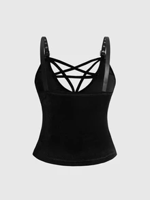 ROMWE Dark Gothic Plus Size Sexy Pentagram Lace-Up Design Metal Strap Fitted Solid Color Versatile Tank Top - Black - View 2