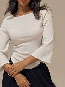MUSERA ESSENTIALS White Fine Ribbed Knit Boat Neckline Curved Dip Hem Three Quarter Flare Sleeve Slim Fitted Top Basics Loungewear Casual Everyday Essentials - White - View 5