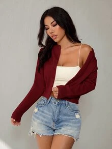 SHEIN PETITE 女款純色休閒百搭日常外出辦公開襟衫 酒紅色 秋季 - 紅色 - 查看 2