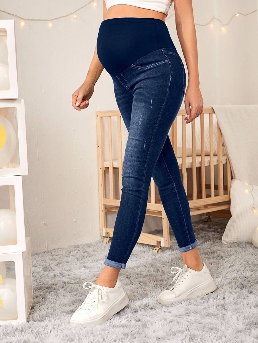 SHEIN 孕婦高腰修身休閒百搭牛仔褲 - 深色水洗藍 - 查看 1