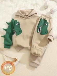 SHEIN 小男孩秋冬卡通恐龍 T-Rex 圖案連帽長袖運動衫與彈性腰鬆緊慢跑褲 2 件套 - 彩色 - 查看 4