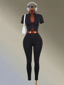 Amplova-E Women's Black Stand Collar Short Sleeve Slim Fit Knit Jacket + Tight Base Layer Long Straight Leg Sports Set Gym Workout Autumn Athleisure - Black - View 6