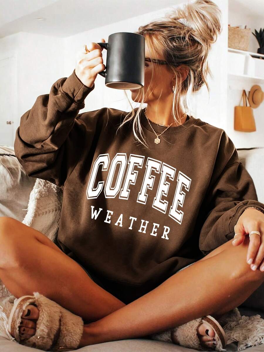 EMERY ROSE 大尺碼女款「Coffee Weather」字母印花休閒運動衫,秋季時尚服飾 - 巧克力棕 - 查看 1