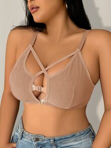 SHEIN 大尺碼性感交叉式無鋼圈內衣 - 卡其色 - 查看 4