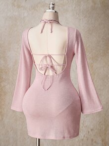 SHEIN ICON 女款大尺碼純色圓領長袖沙灘度假洋裝 秋季 灰粉色 性感 - 藕粉色 - 查看 3