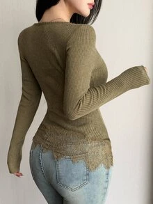 Joudiya Women's Solid Color Contrast Lace Asymmetric Collar Long Sleeve Slim Fit Elegant T-Shirt Fall - Olive Green - View 9