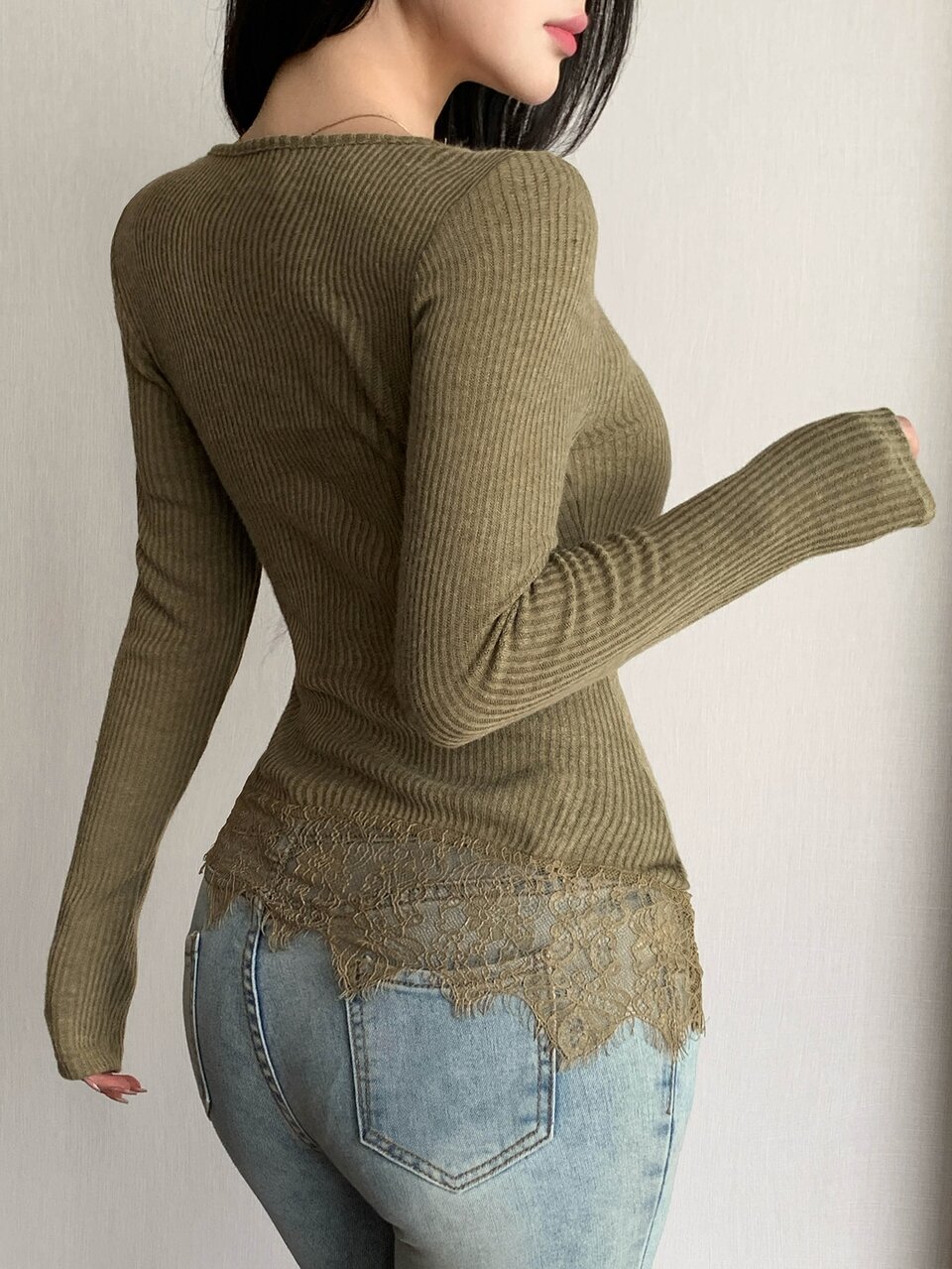 Women's Solid Color Contrast Lace Asymmetric Collar Long Sleeve Slim Fit Elegant T-Shirt Fall