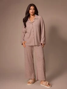 Lazeform Super Soft Ribbed Women's Plus Size Pajama Set Casual Loungewear - Pink - View 4