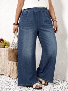 SHEIN MOD Plus Size Casual Washed Straight Leg Jeans - Medium Wash - View 3