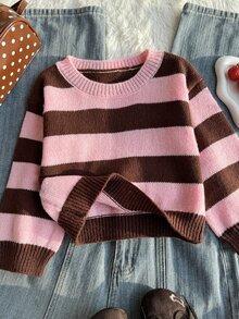 SHEIN 1件女童毛衣，經典粉色與咖啡色條紋圓領短版落肩長袖，甜美可愛風，適中厚度，下擺整齊，柔軟親膚，色彩亮麗，單穿好看，適合日常穿著、外出、上學、街頭、旅行等多種場合，秋冬必備 - 彩色 - 查看 6