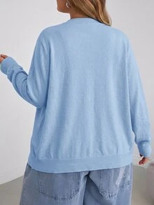 SHEIN CURVE+ Plus Size Casual Solid Color Round Neck Long Sleeved Loose Cut Women's Yellow Sweater Cardigan, Winter - Blue - View 2