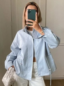 Livesso Women's Solid Color Pleated Casual Versatile Daily Long Sleeve Jacket Autumn Travel Everyday Baby Blue - Blue - View 3