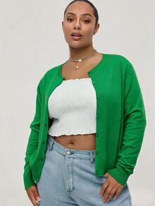 SHEIN BASICS Plain Casual Long Sleeve Plus Size Cardigan In Fall Winter Clothes - Green - View 5